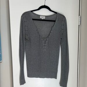 Feel The Piece Gray Lace-Up Long Sleeve Top